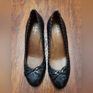 Cole Haan Sz. 9 Black Tassel Round Toe Wood Wedge Leather Shoes Womens EUC